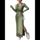 thumbnail image 3 of Vestido Maxi de Punto Acanalado con Cuello en V y Larga para Mujer, con Abertura en el Muslo y Ajustado. Verde XL, 3 of 9