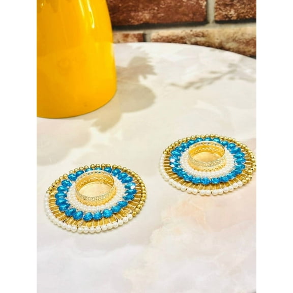 Blue Kundan & Pearl Decorative Tea Light Holders – Set of 2 Handcrafted T-Light Candle Holders for Diwali, Pooja, Festive Decor – No Wax Candle Included
