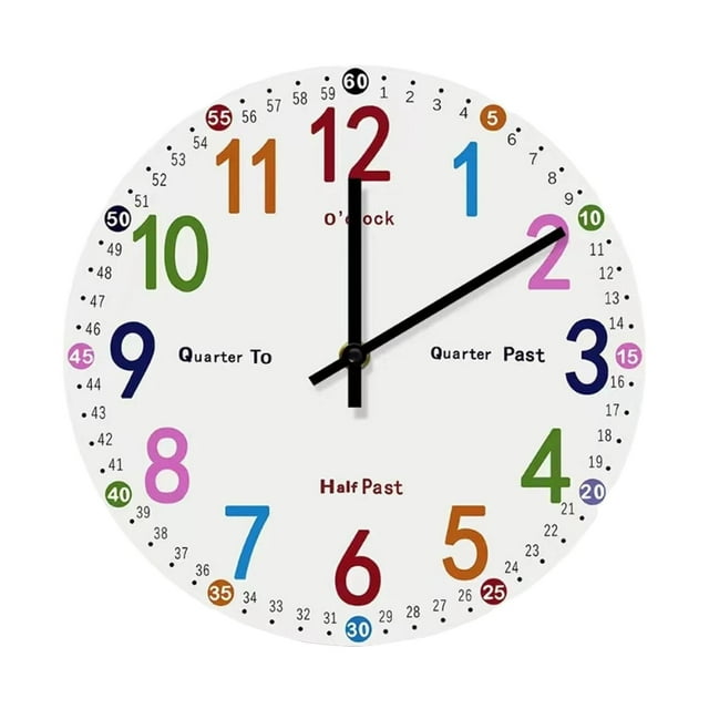 reloj de aprendizaje para niños multicolor de 30 cm, reloj de pared redondo con números grandes 1–12, minutos exteriores numerados y marcas de cuarto, manecillas negras y movimiento silencioso; diseño educativo para enseñanza de la hora en aulas, dormitorios y guarderías, también adecuado para prácticas de tiempo de estudio.