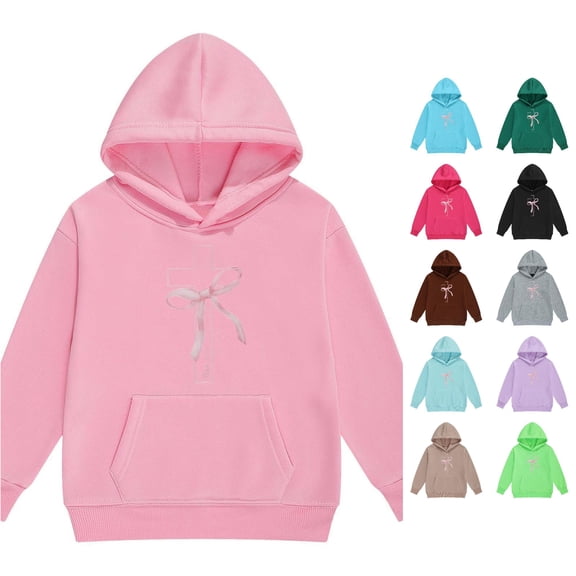 RUTAYY Girls Pullover Hoodie Cross with Pink Bow Graphic Long Sleeve Casual Fall Sweatshirt with Front Pocket for Kids