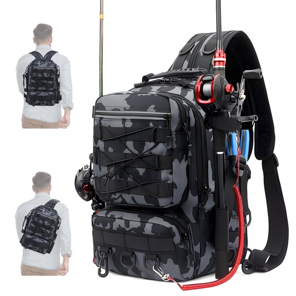 YTAKY 45L Fishing Bag, Fishing Backpack with Rod Holder, Waterproof, Fishing Tackle bags, Breathable Shoulder Sling Fishing Gear Bag Black