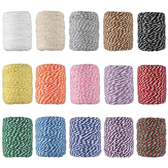 15 Rolls 2mm 3 Strands Cotton String for Cooking, Artworks, DIY Crafts, Plant Hanger and Embellishments, Festive Twine for Gift Wrapping (Each 164 Feet)