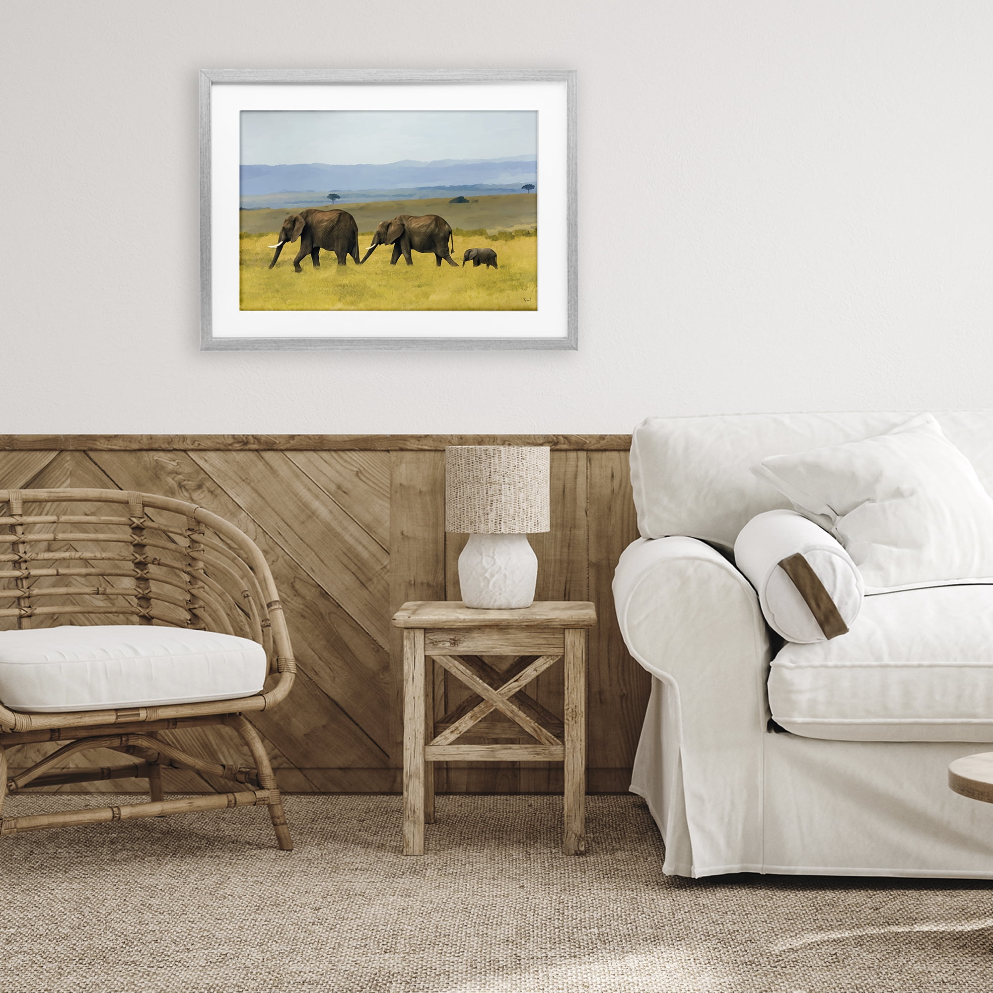 Stupell Industries Elephants In The Grassland Gray Framed Print Under Glass, design by Renel Peters