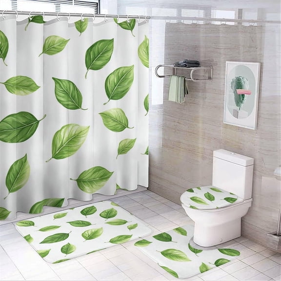 Bathroom Rugs 4 Piece with Shower Curtain sets , Leaves in Gold and Teal Pattern Printed on Modern Shower Curtains for Bathroom Set, Designed for Farmhouse Boho Contemporary Bathrooms