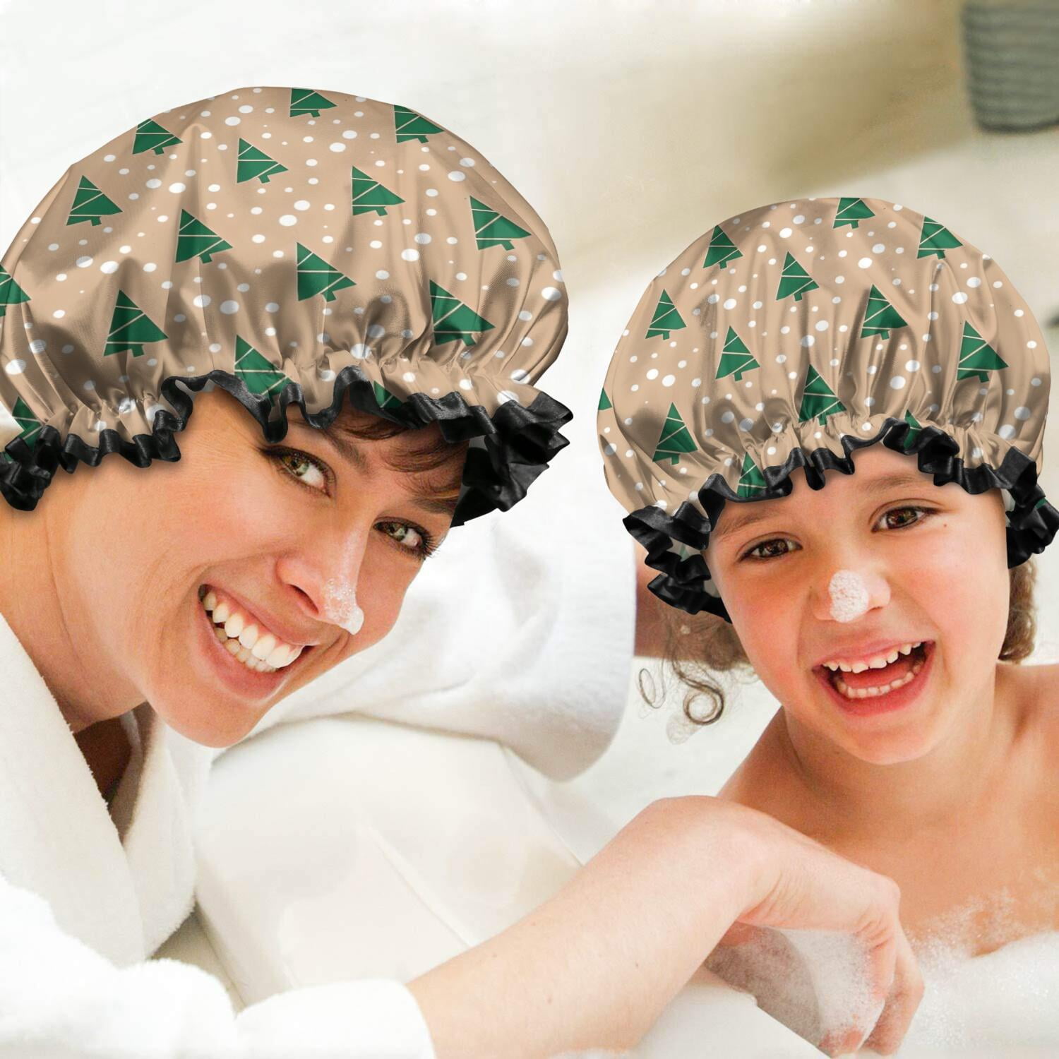 Shower Caps,Brown Christmas Tree Pattern Waterproof Shower Cap for Women 4 Pieces,Double Reusable Hair Cover for Shower PEVA Elastic Stretch Hem