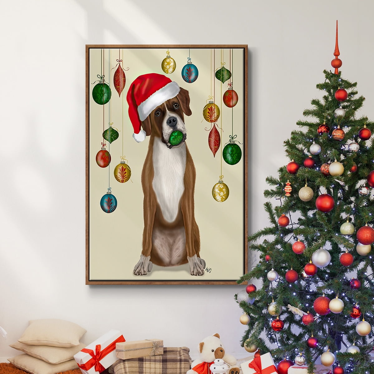 Christmas Boxer and Bauble Ball - Framed Gallery Wrapped Holiday Canvas - 17 x 25 - Rosewood Frame