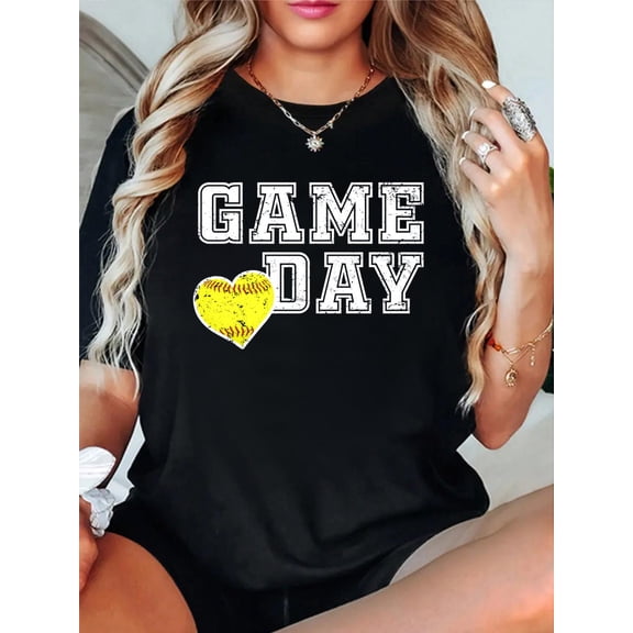 100% Cotton Cute Softball Mom Game Day Long Sleeve T-Shirt Print Round Neck Cotton T-Shirt, Summer Women's Tops, gift