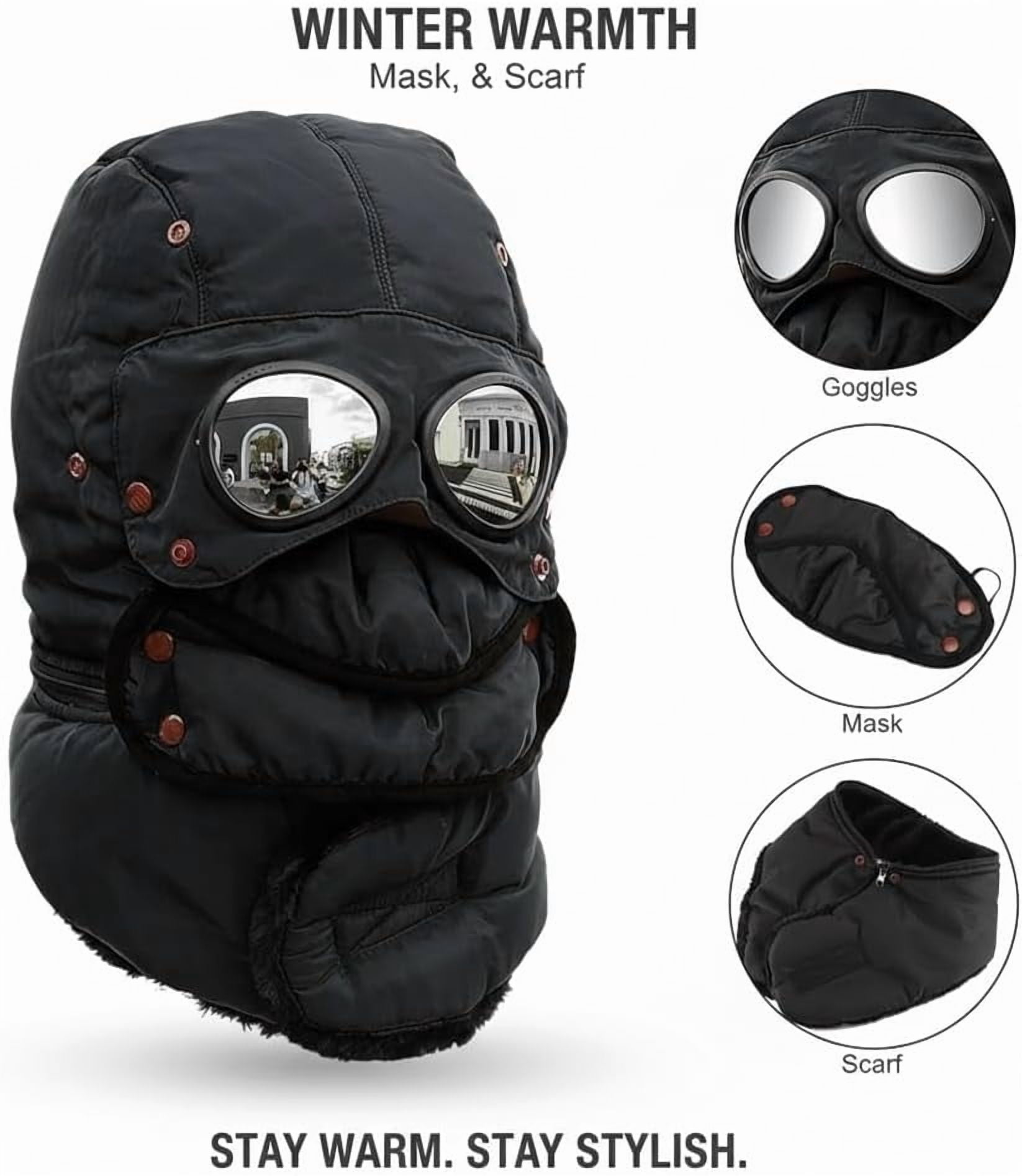 Winter Thermal Hat with Glasses, 4-in-1 Windproof Warm Hat with Detachable Face Mask & Goggles, Fleece Lined Ear Flaps for Skiing, Snowboarding, Motorcycle