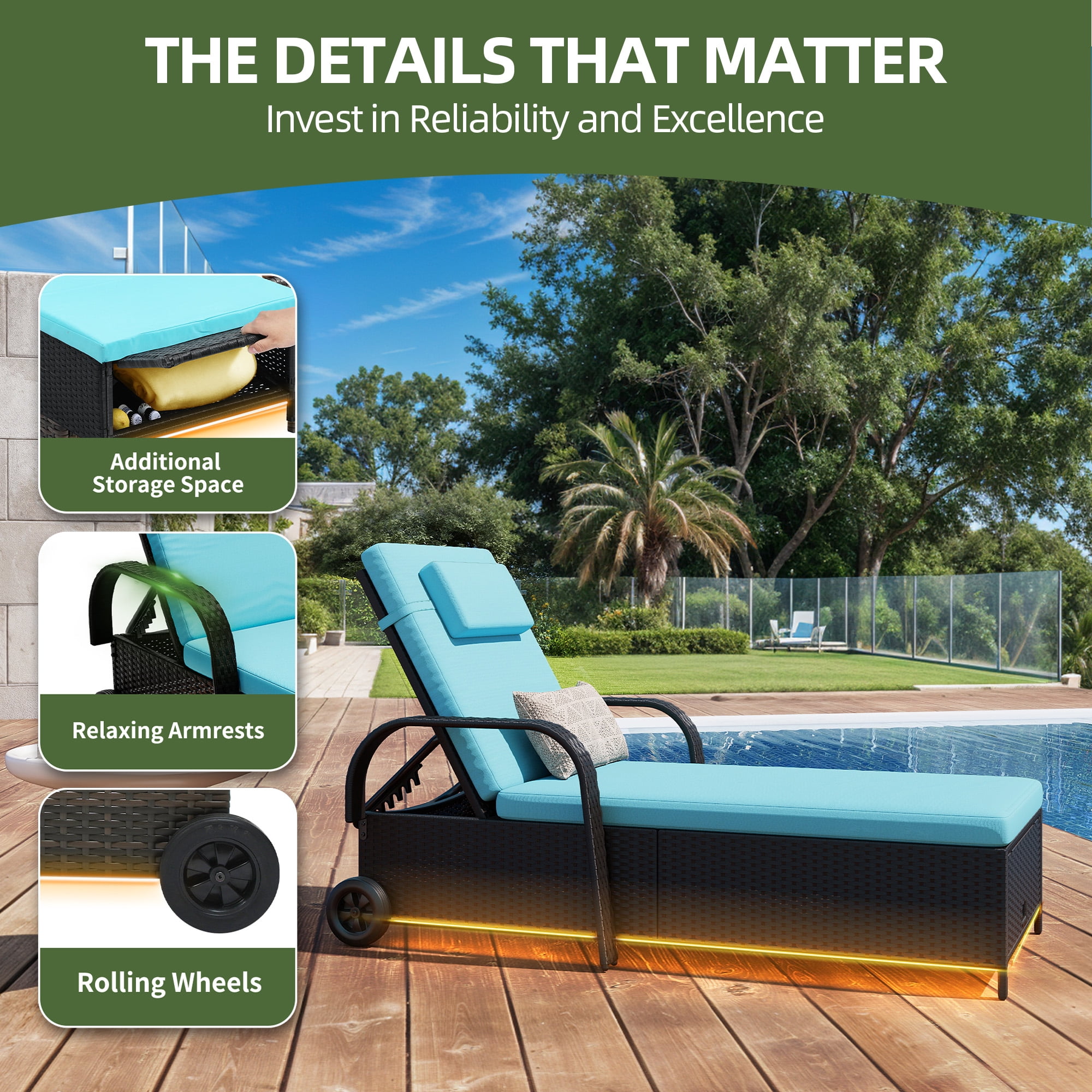 Uforic LED Outdoor Lounge Chair with 5-Level Recline, Wheels, Storage, Patio Wicker Chaise, Black/Blue