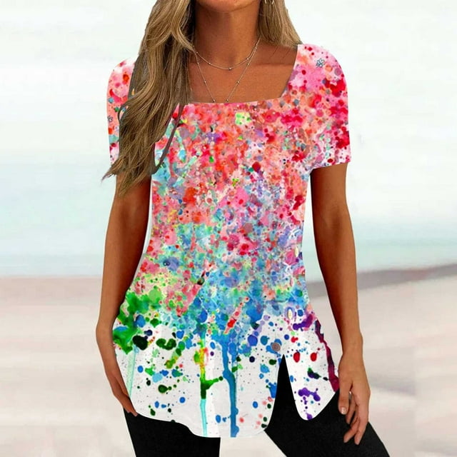 DPTALR Womens Casual Printed Square Neck Short Sleeve Buttons Tops Loose Blouses