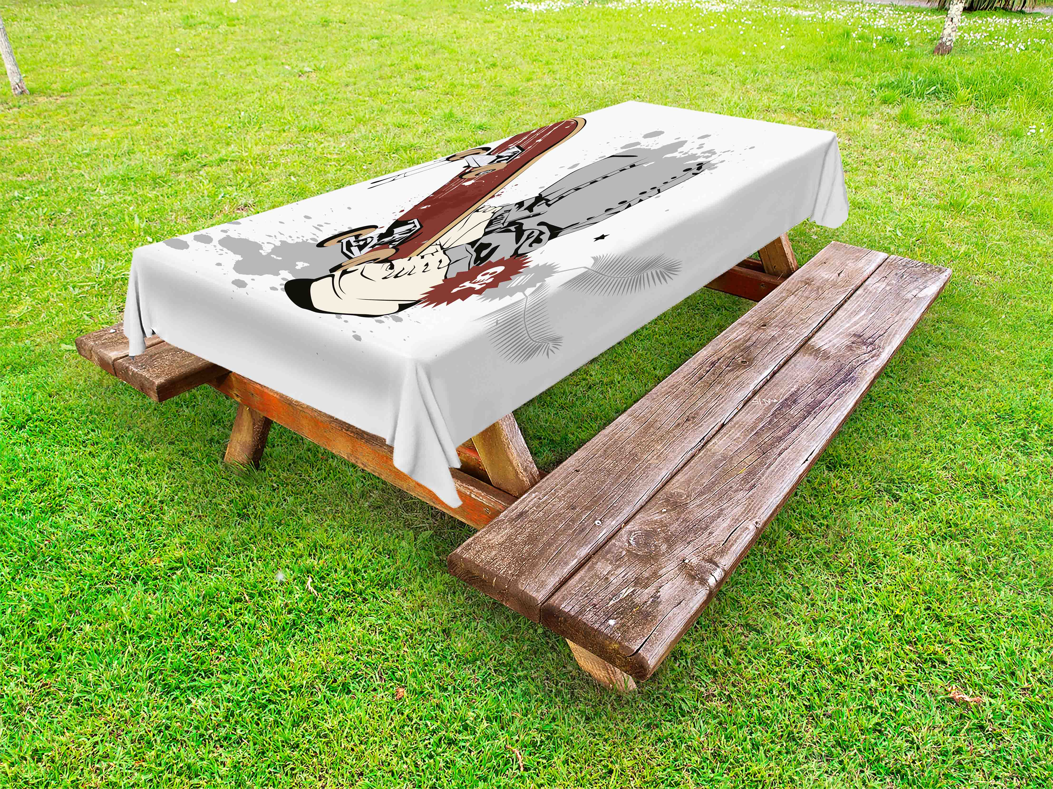 Teen Room Outdoor Tablecloth, Skateboard with Boy Feet in