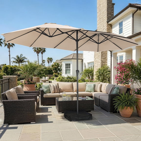 Autlaycil 15 ft Rectangle Patio Umbrella with Umbrella Base, Crank, Outdoor Market Umbrella (Khaki)