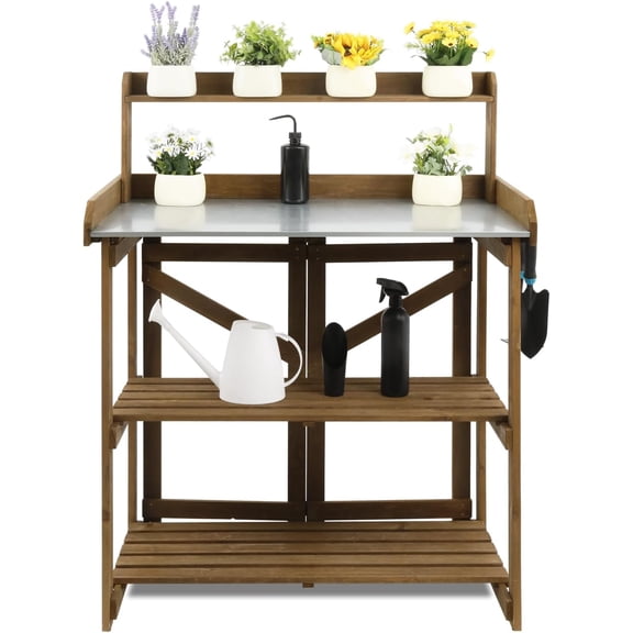 Folding Garden Potting Bench Table，Outdoor Wooden Work Station W/Metal Table Top,2 Tier Open Storage Rack,Top Shelf-Natural Stained