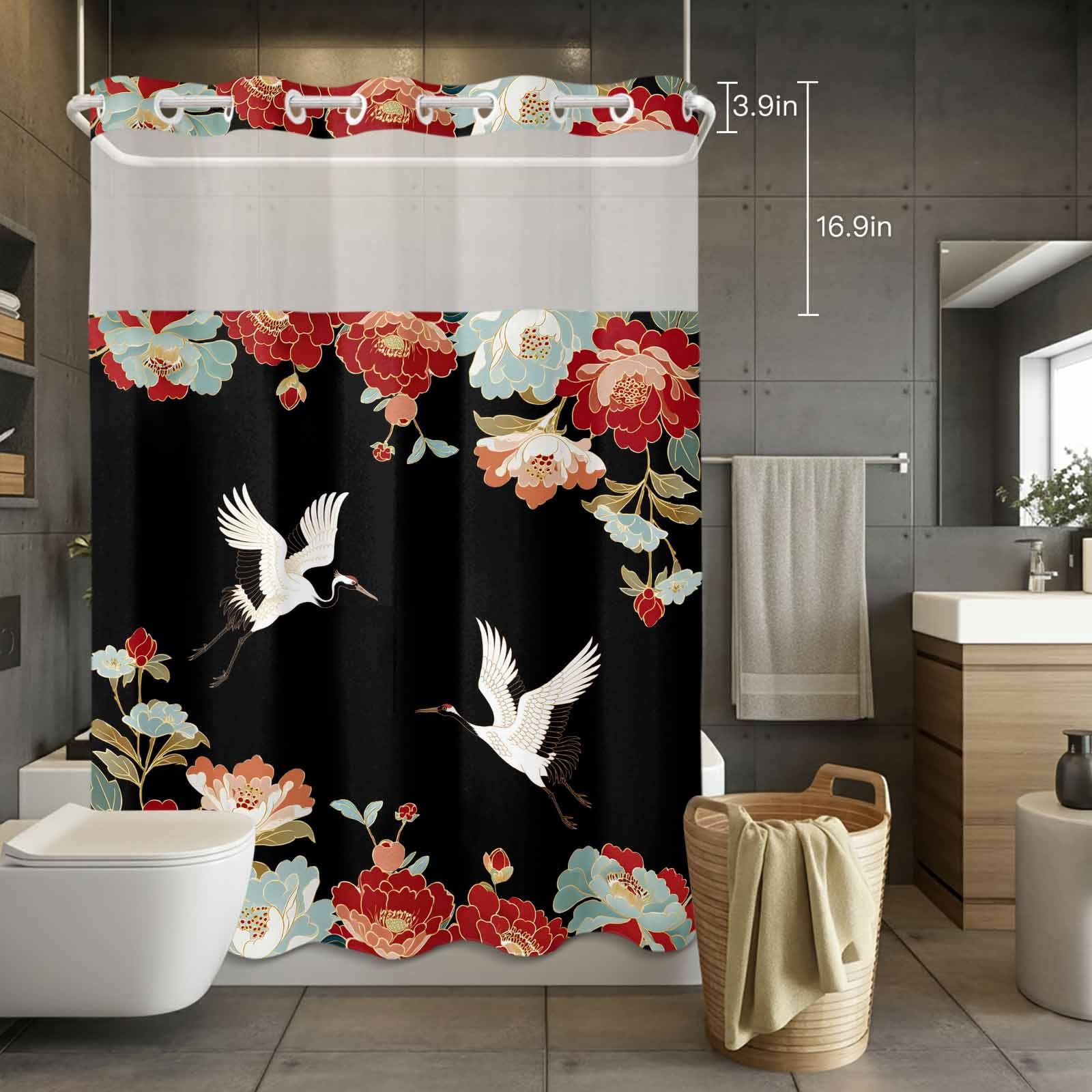 No Hook Shower Curtain with Snap in Liner, Japanese Cranes Peony Waterproof Fabric Bathroom Curtain Mesh Top Window, Country Animal Plants Shower Curtains 48x72in