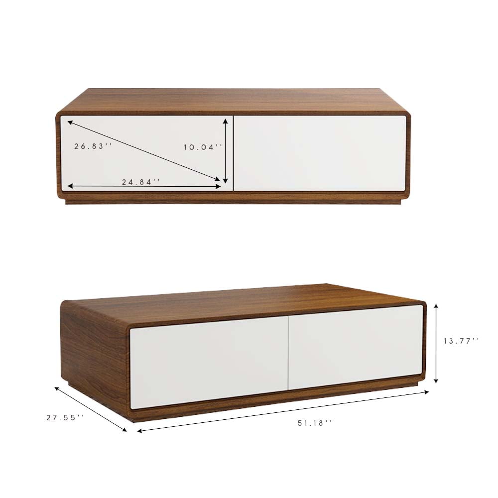 POVISON Modern Rectangular Coffee Table, Wood Coffee Table with Storage, 4 Solid Wood Drawers, Fully-Assembled, 51", Walnut White