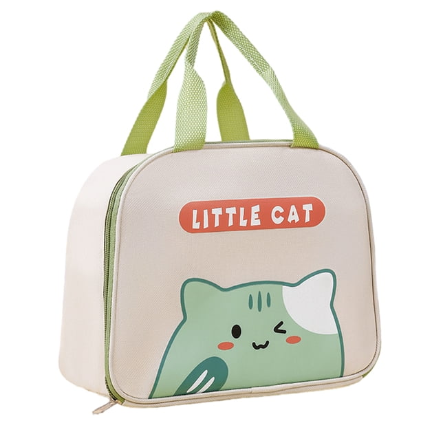 Una linda bolsa de almuerzo de dibujos animados abierta lateralmente a los estudiantes para trabajar con una bolsa aislante de arroz individual