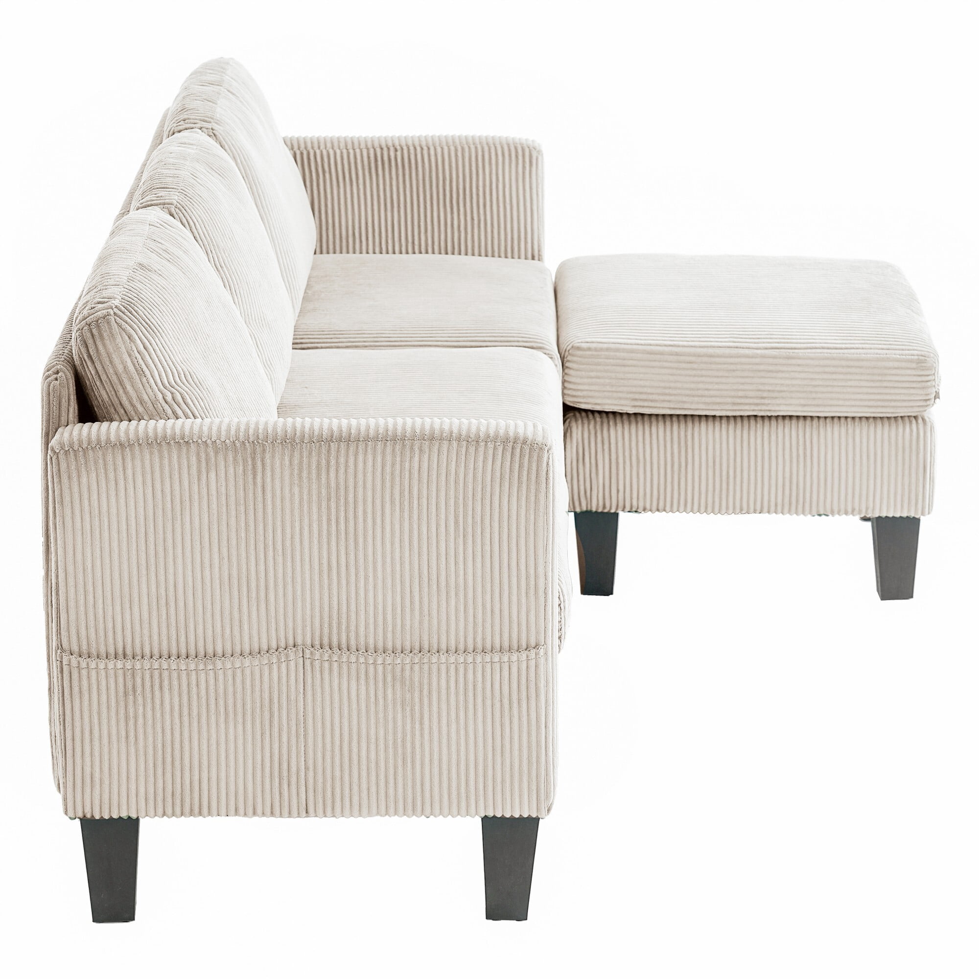 AENKYO 67" L-Shaped Corduroy Sectional Sofa with Storage Ottoman, Modern 3-Seat Couch w/ Side Pockets, Beige