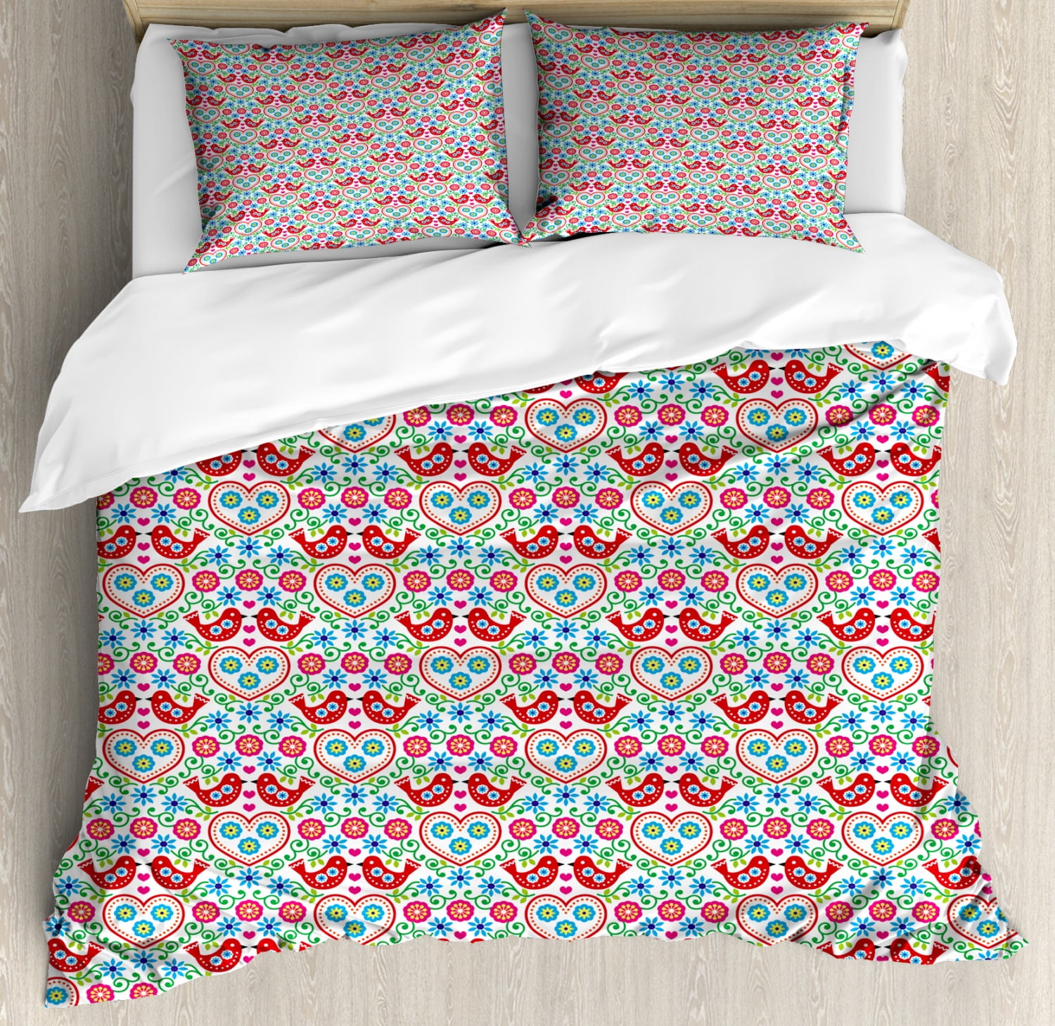 Folk Art Duvet Cover Set, Sweet Traditional Composition with Curly