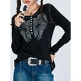 thumbnail image 3 of KelaJuan Women's Spring Slim Fit Tops Black Long Sleeve Button Rhinestone Wing Print Going Out Tops, 3 of 6
