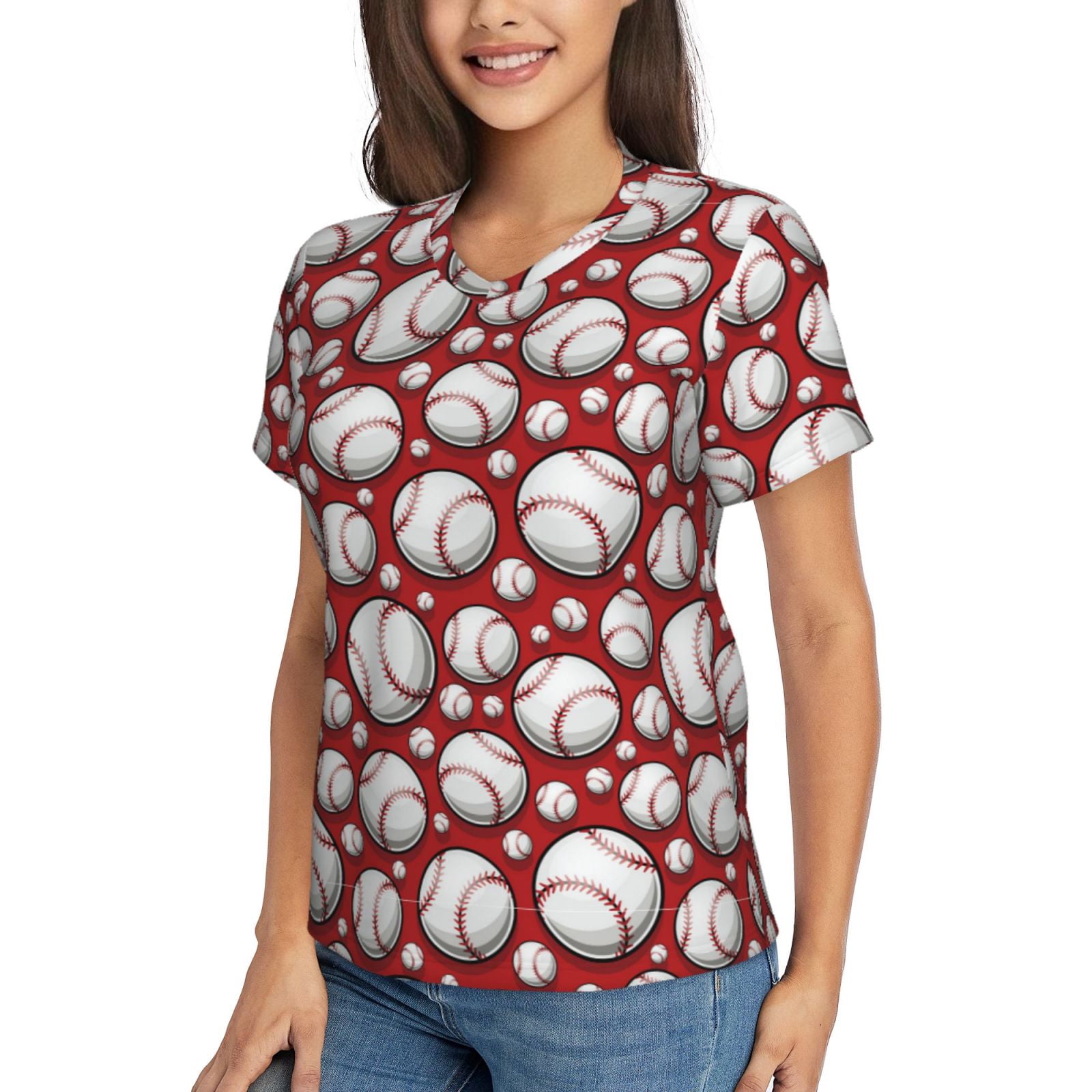 Vsdgher Cute Baseball Women Shirts V Neck Short Sleeve Tops T-Shirt Basic Tees, S to 3XLLarge