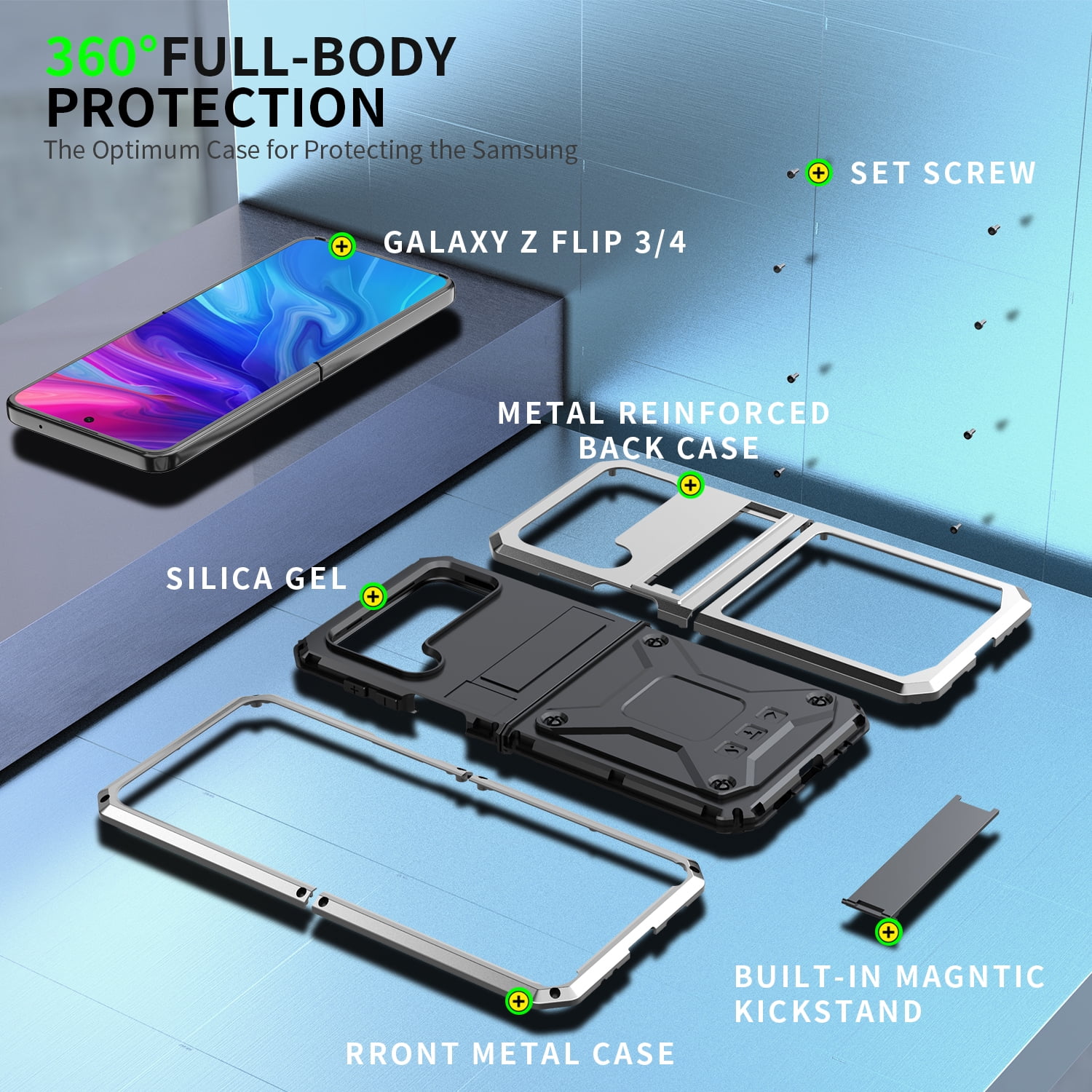 ELEHOLD for Samsung Galaxy Z Flip 4/3 6.7" Case, Heavy Duty Armor Built-in Explosion-Proof Tempered Glass Screen Protector Wireless Charging Hang Rope Hidden Kickstand Shockproof Rugged Case,Silver