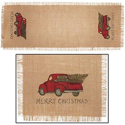 

Burlap MERRY CHRISTMAS Red Pickup Truck Table Runner 13 x 36