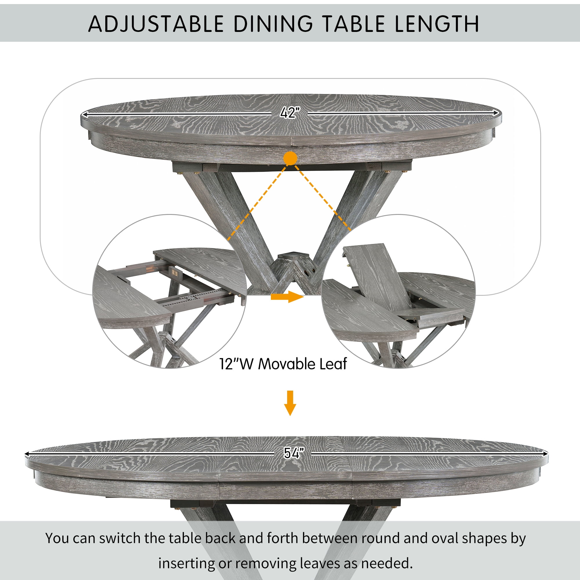Euroco 5-Piece Retro Dining Table Set with Extendable Round Dining Table and 4 Upholstered Chairs for Dining Room and Living Room,Grey