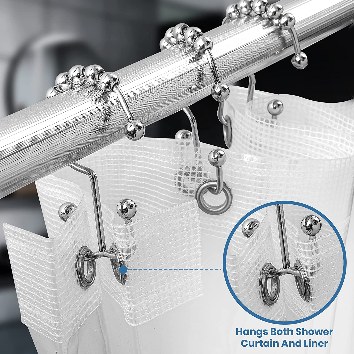 Double Glide Roller Shower Curtain Hooks, Double Sided Rings, Rust Proof Shower Curtain Hooks, Chrome