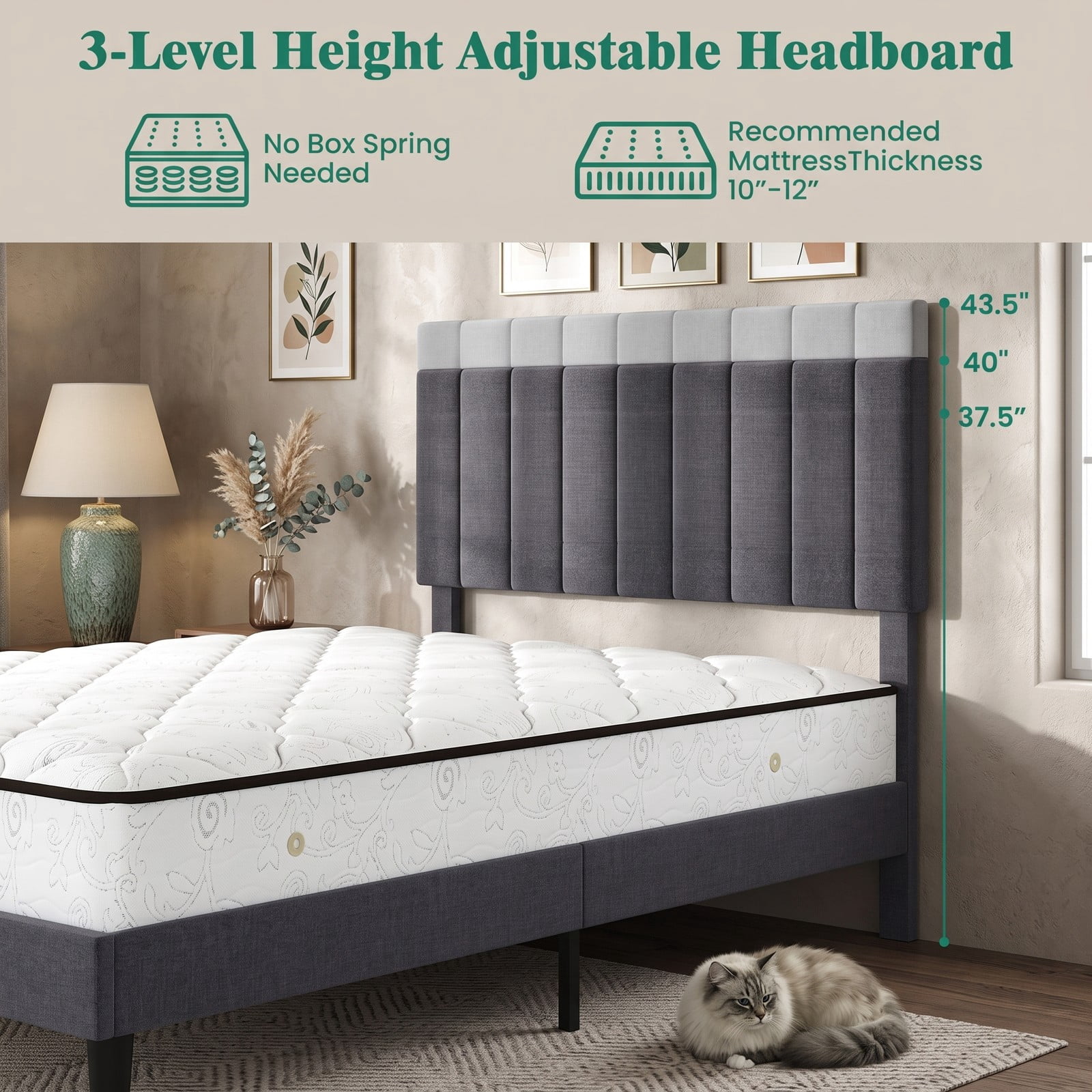 Furnibear Queen Bed Frame, Upholstered Platform Bed Frame with Adjustable Channel Headboard, Queen Bed Frame with Headboard, Modern Gray