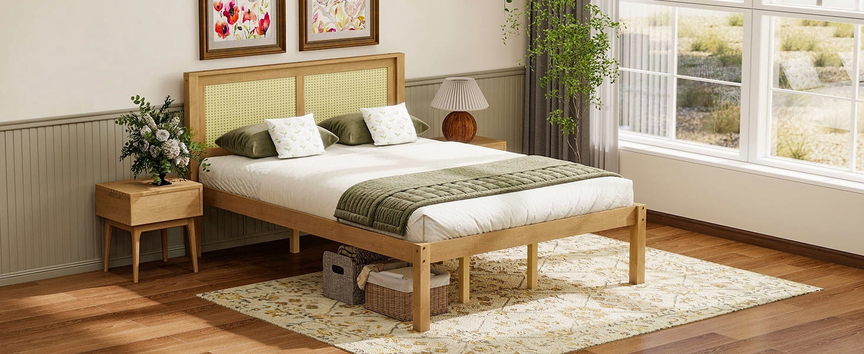 Queen Bed Frame with Rattan Headboard, Solid Wood Platform Bed and Farmhouse Boho Bed Frame with Under-Bed Storage for Bedroom, Natural Wood