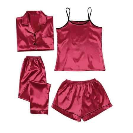 

ZHAGHMIN Long Nightgowns New Solid Ice Silk Pajamas Women S Home Suit Flamingo Print Fashion Slim Pajamas Four Piece Set For All Seasons Top And Shorts Set Silk Pajamas For Teen Girls Pajamas Junior