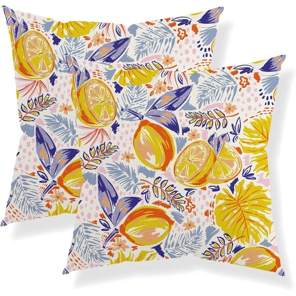 Summer Tropical Pillow Covers 18x18 Set of 2, Hawaiian Style Watercolor Lemon Colorful Leaves Decor Outdoor Throw Pillows Fruits Plant Decorative Cushion Case for Home Couch Sofa