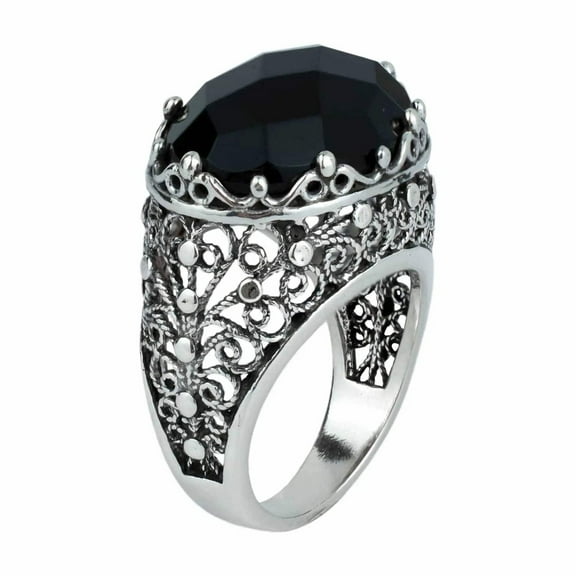 Filigree Art Black Onyx Gemstone Women Silver Dome Statement Ring
