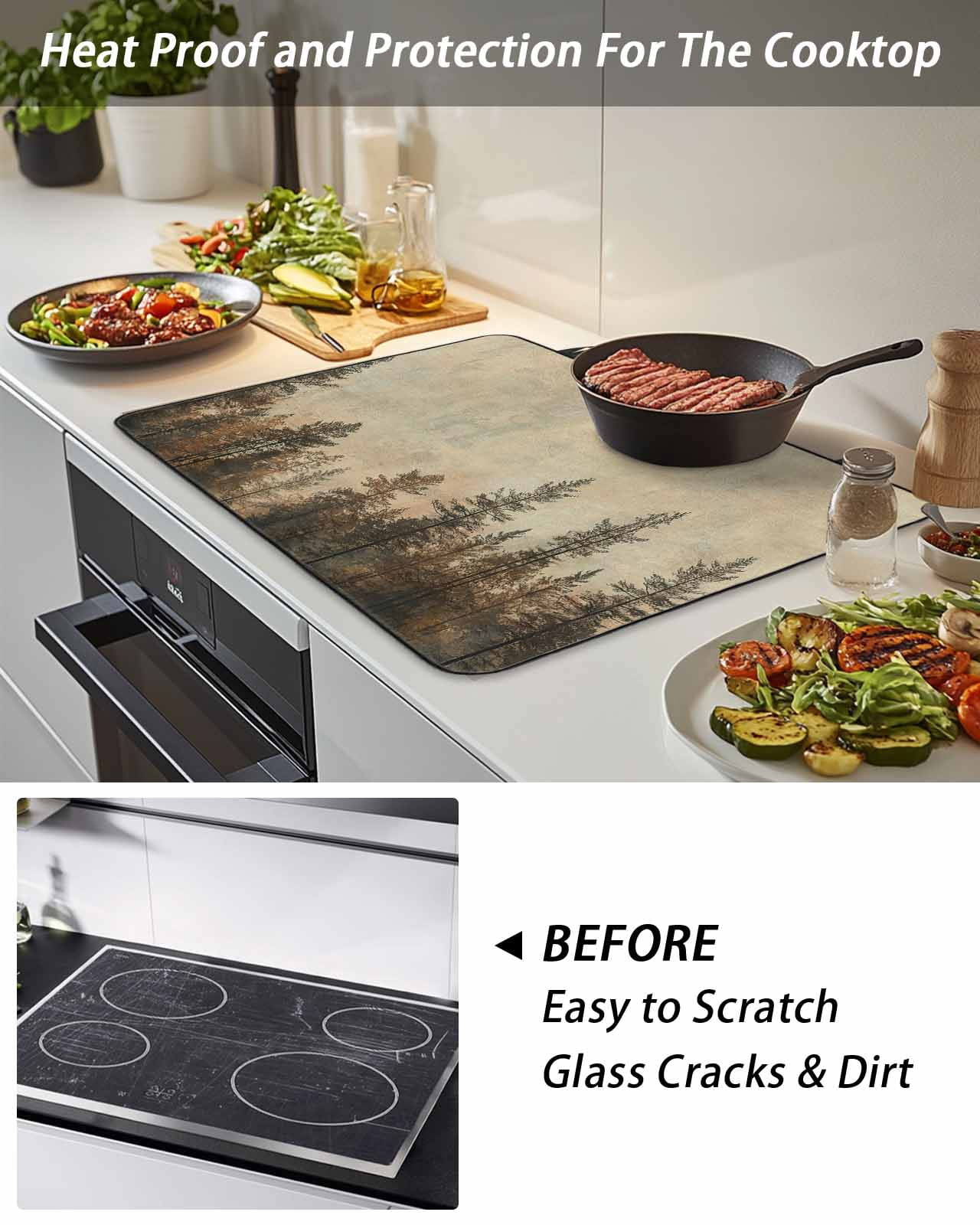 Stove Top Covers for Electric Stove, Brown Forest Glass Stovetop Cover Protector, Vintage Tree Farmhouse Botanical Induction Cooktop Protector Oven Mat for Kitchen Countertop 24"x21"