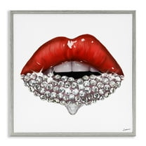 Stupell Industries Red Glam Lips with Gemstones Beauty & Fashion Painting Gray Framed Art Print Wall Art, 24 x 24