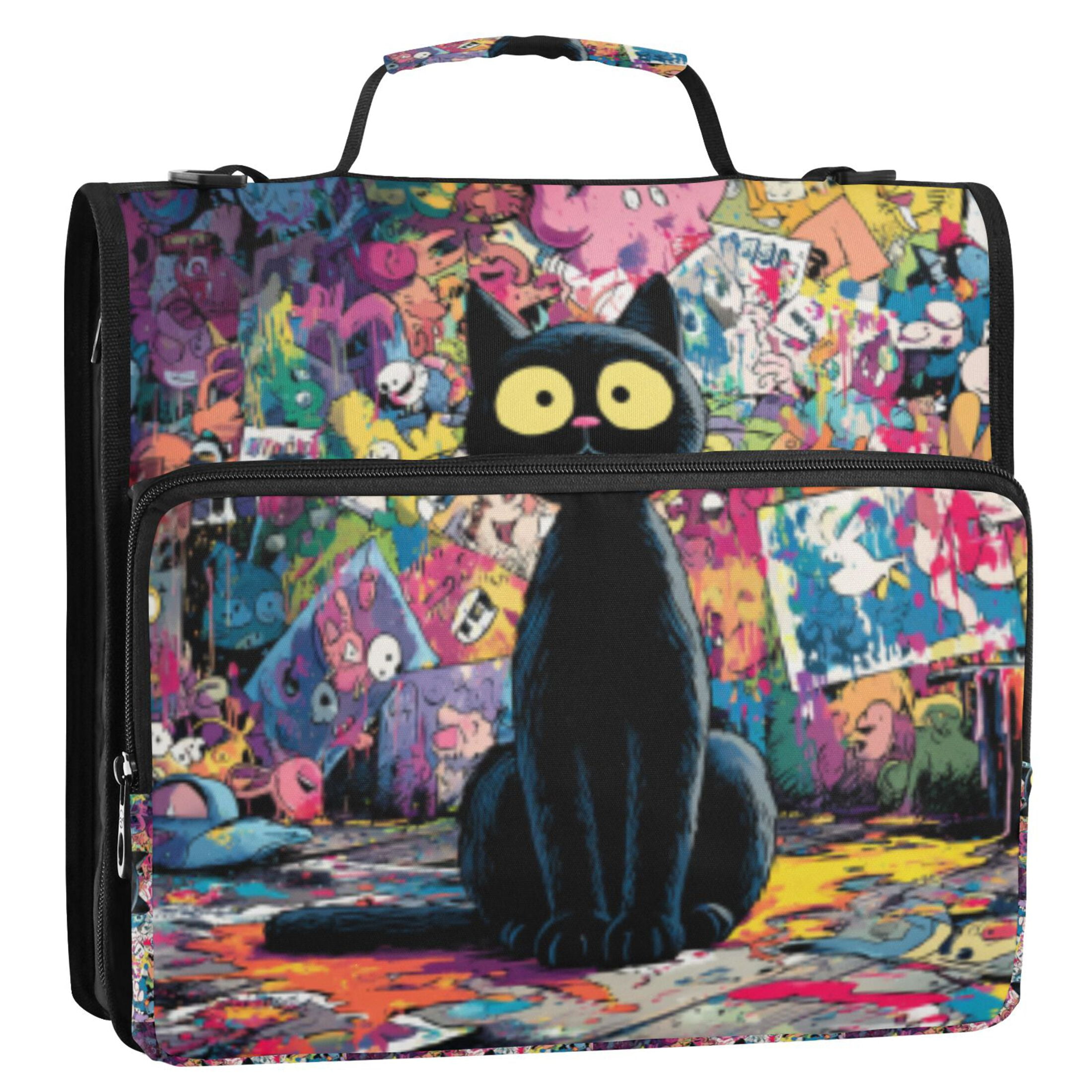 DIXRUYEE Zipper Binder trapper keeper Documents Organized Noir Cat Neon City Printed