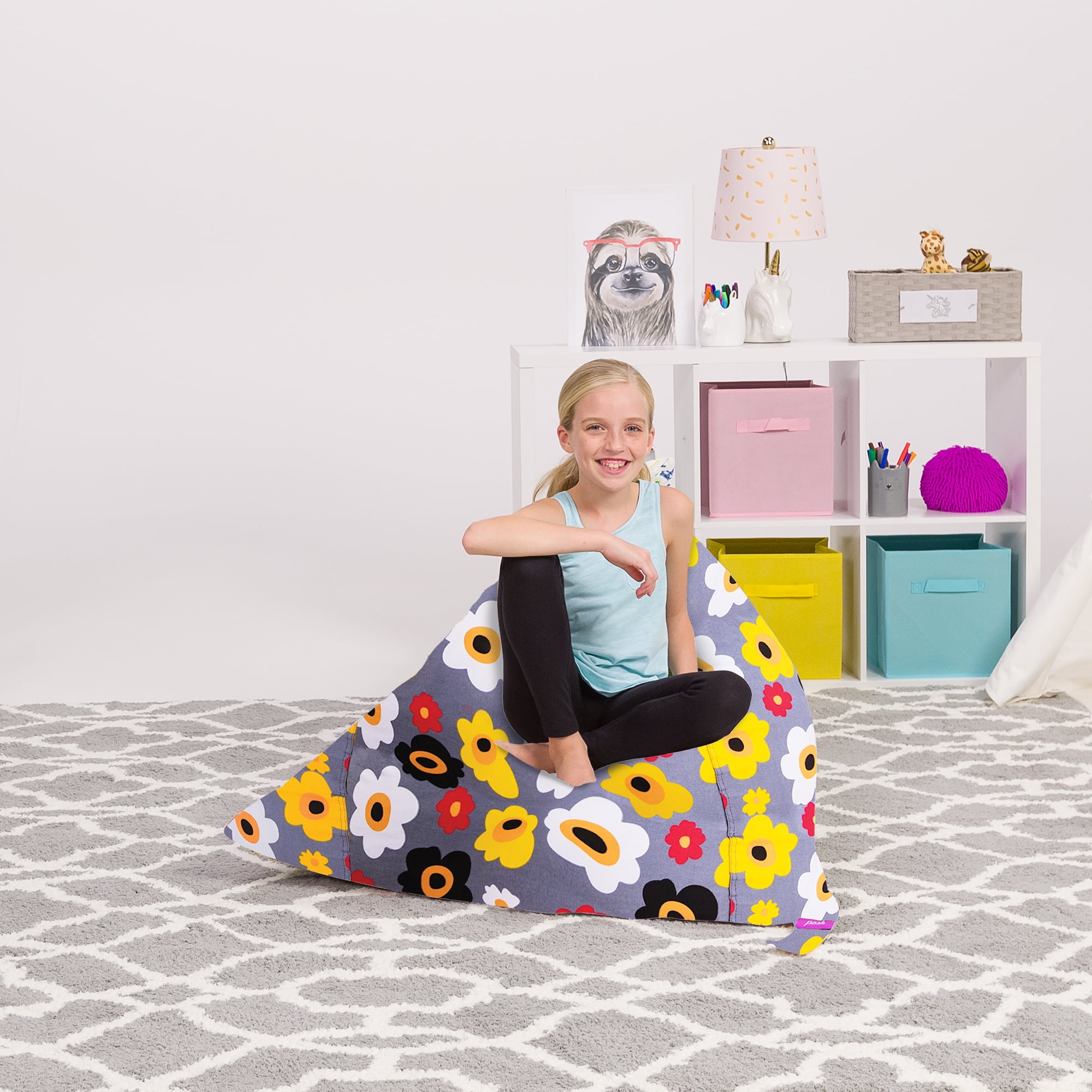 Posh Creations Bean Bag Stuffable Cover - Toy Organizer, Canvas Cover, Kids, 4 ft, Multicolored Flowers on Gray
