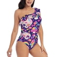 thumbnail image 3 of Zufioo cute rainbow mushroom Skull Print One-shoulder Ruffled One-piece Swimsuit, High Elastic Integrated Removable Chest Pad Swimsuit Suitable for Beach, Pool and Vacation-Medium, 3 of 6