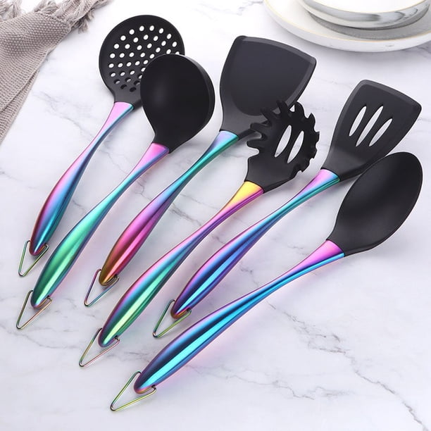 Juego de utensilios de cocina dorados con cabeza de silicona, mango de acero inoxidable, cucharón, espumadera, espátula, cuchara para servir, herramienta de cocina zhangmengya LED