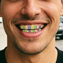 Full-Coverage Copper Teeth Grillz Set, Multi-Color CZ Stones Iced-Out Design, Hip Hop Dental Jewelry for Men & Women, Top & Bottom Dental Grill