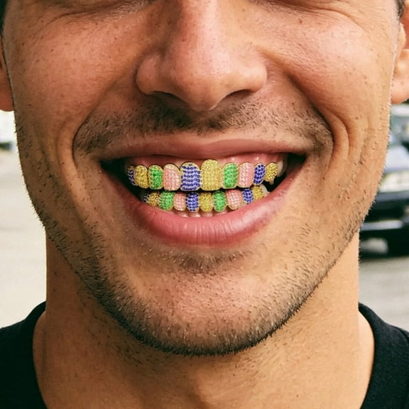 Full-Coverage Copper Teeth Grillz Set, Multi-Color CZ Stones Iced-Out Design, Hip Hop Dental Jewelry for Men & Women, Top & Bottom Dental Grill