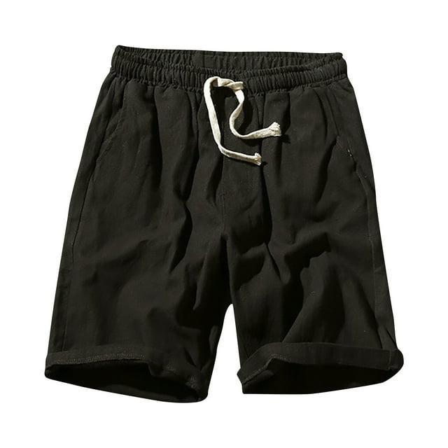 cfhntfmh Cotton Linen Shorts for Men Solid Color Lightweight Shorts Elastic Waist Drawstring Beach Shorts with Pockets