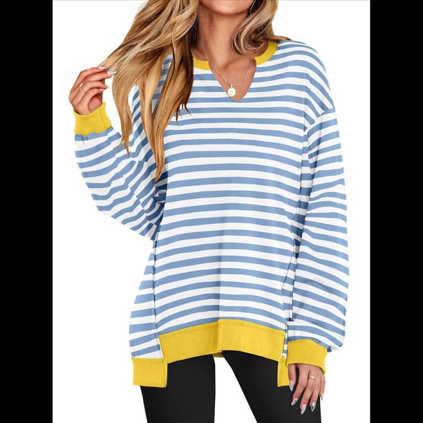 Sudaderas Oversize para Mujer, Camisetas de Larga con Cuello en V, Jersey Holgado, Atuendo de Otoño 2025. Rayas Azul XL