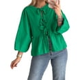 thumbnail image 3 of Women Tie Front Tops Blouses Long Puff Sleeve Peplum Babydoll Bow Shirt Summer Coquette Tops, 3 of 6