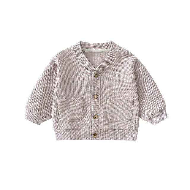 ShomPort Coat for Baby Girls Unisex Long Sleeve V-Neck Textured Button Cotton Cardigans Sweaters Soft Daily Outwear with Pockets