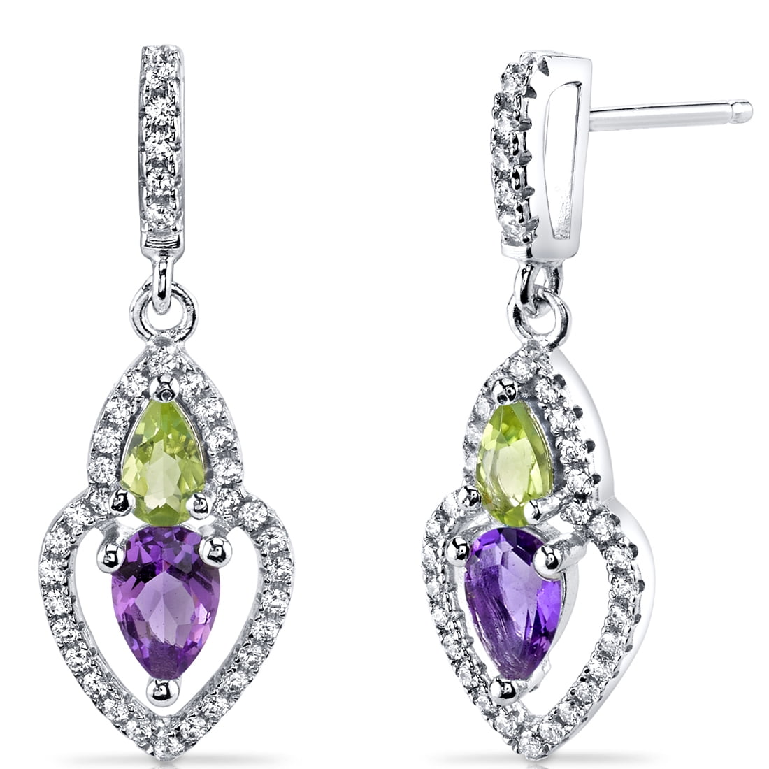 925 Sterling Silver Natural PERIDOT & AMETHYST 2 Gemstone LOVELY Earrings 1.1"