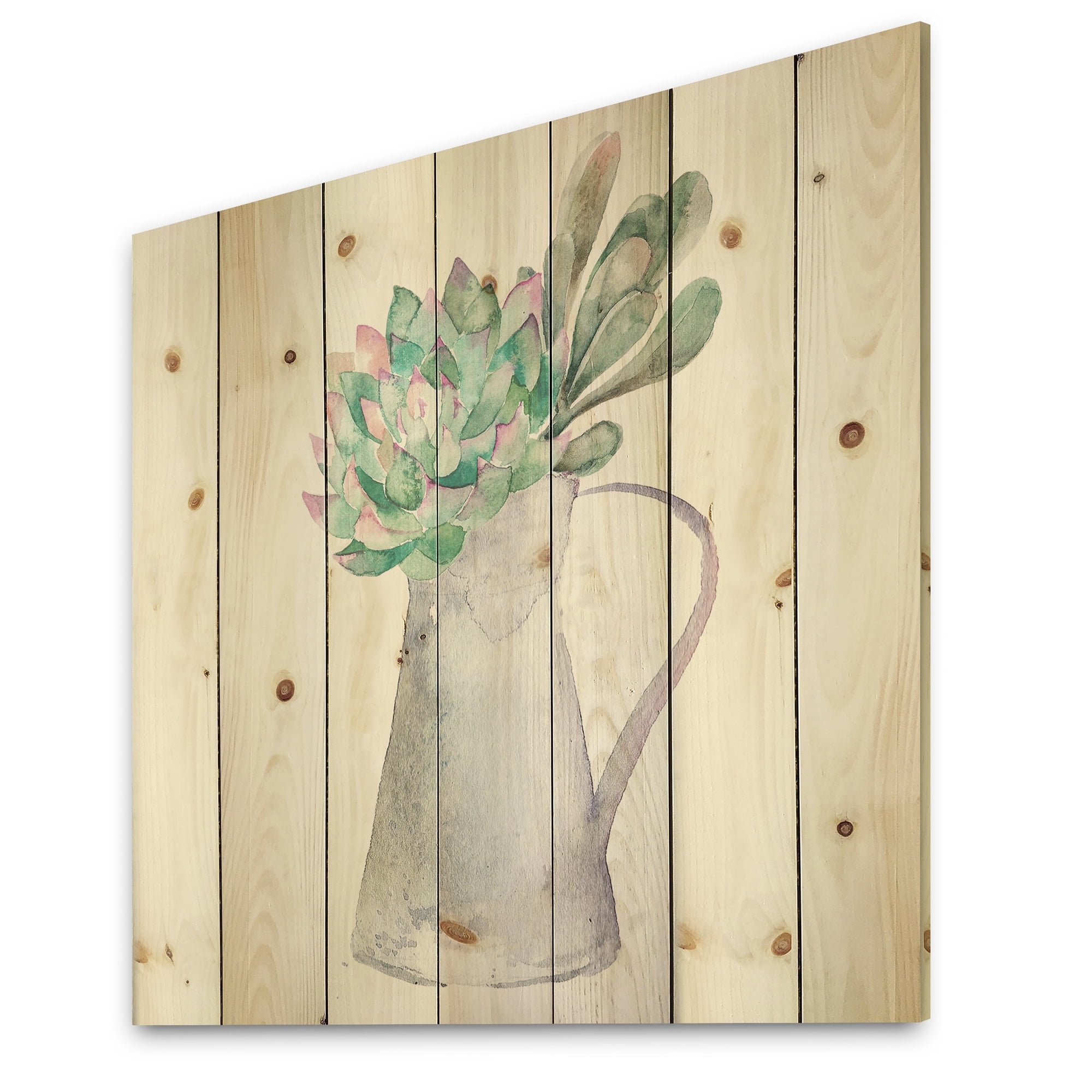 Designart 'Succulent Home Plant In Jug' Traditional Print on Natural Pine Wood