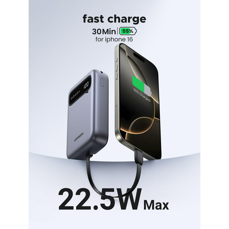UGREEN 20000mAh Power Bank with 2 Built in Cables, Fast Portable Charger with Digital Display, Gray