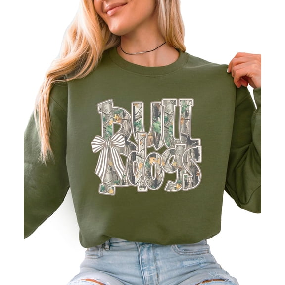 Bulldogs Camo Coquette Bow Sweatshirt for Women & Teens School Spirit Game Day Crewneck Army Green Sweatshirt Small