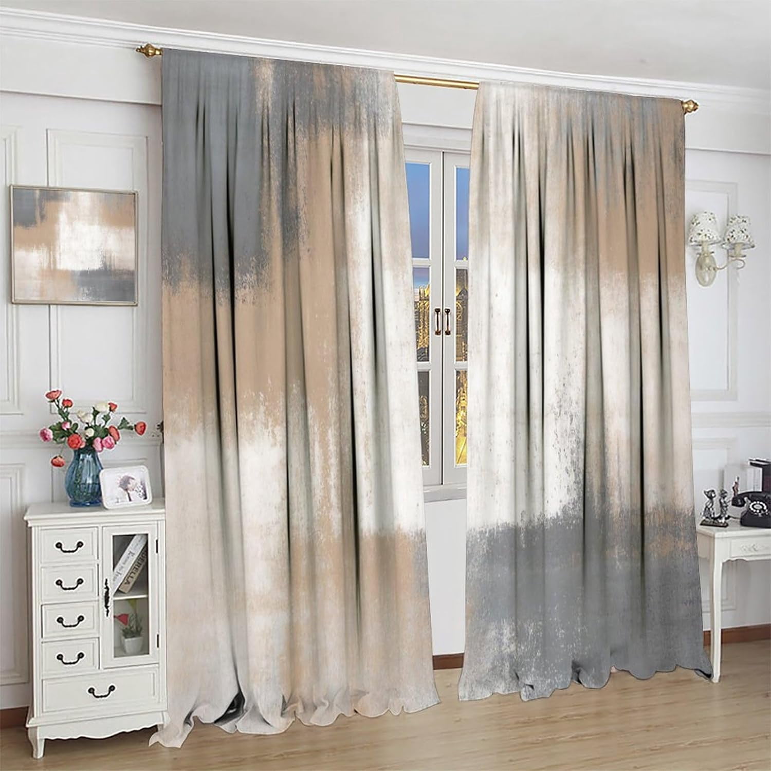 Rustic Curtains Tan Brown Grey White Abstract Pattern Blackout Print Rod Pocket Window Drapes for Bedroom Living Room 52x84in
